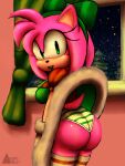  accessory aerosin amy_rose anthro butt christmas christmas_clothing christmas_tree clothing dress eulipotyphlan female gloves green_lips hair_accessory hair_ribbon hairband handwear hedgehog hi_res holidays legwear lips mammal panties plant ribbons sega solo sonic_the_hedgehog_(series) thigh_highs tree underwear 