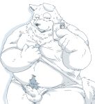  2022 anthro balls_outline belly big_belly bulge canid canine cellphone clothed clothing clothing_lift genital_outline hi_res humanoid_hands kemono male mammal navel overweight overweight_male penis_outline phone shirt shirt_lift smartphone solo suishou0602 topwear underwear 