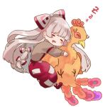  1girl bird bow brown_shirt chibi chicken closed_eyes fujiwara_no_mokou hair_bow mokoiscat multiple_hair_bows open_mouth pants red_bow red_footwear red_pants shirt sleeping solo stuffed_animal stuffed_toy touhou white_background white_hair zzz 