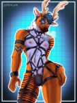  anthro antlers blue_hair breath bulge capreoline cervid chest_tuft fur hair harness hi_res horn joyflame_pink leather leather_harness male mammal orange_body orange_fur purple_eyes reindeer solo solo_focus tuft white_body white_fur 
