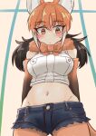  1girl animal_ears bare_shoulders black_hair blush bow bowtie brown_gloves commentary_request cowboy_shot crop_top cutoffs denim denim_shorts elbow_gloves from_below fur_collar gloves hair_between_eyes highres kemono_friends long_hair looking_at_viewer maned_wolf_(kemono_friends) midriff multicolored_clothes multicolored_gloves multicolored_hair navel orange_bow orange_bowtie orange_eyes orange_fur orange_gloves orange_hair shirt short_shorts shorts sidelocks sleeveless solo sweatdrop tail tsuppushi white_hair white_shirt wolf_ears wolf_girl wolf_tail 