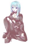  1girl blue_eyes blue_hair breasts cleavage closed_mouth covered_nipples devil_summoner full_body high_heels highres lipstick long_hair looking_at_viewer makeup nemissa pale_skin sakuramau simple_background smile solo soul_hackers white_background 
