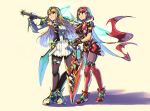  2girls aegis_sword_(xenoblade) backless_outfit bangs black_pantyhose blonde_hair bob_cut breasts dangle_earrings dress earrings elbow_gloves gloves highres impossible_clothes jewelry large_breasts legwear_under_shorts long_hair microskirt miniskirt multiple_girls mythra_(massive_melee)_(xenoblade) mythra_(xenoblade) pantyhose pantyhose_under_shorts pyra_(xenoblade) red_eyes red_hair red_thighhighs short_dress short_hair short_sleeves shorts skindentation skirt sleeveless sleeveless_dress swept_bangs thigh_strap thighhighs thighhighs_over_pantyhose tiara very_long_hair white_dress white_skirt xenoblade_chronicles_(series) xenoblade_chronicles_2 yellow_eyes 