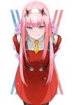  1girl ai-assisted aqua_eyes arms_behind_back bangs blunt_bangs breasts closed_mouth commentary cowboy_shot darling_in_the_franxx hairband highres horns leaning_forward long_hair looking_at_viewer matsu_homura medium_breasts military military_uniform necktie oni_horns orange_necktie pink_hair red_horns smile solo standing straight-on uniform white_background white_hairband zero_two_(darling_in_the_franxx) 