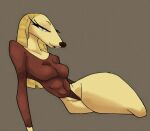  anthro big_butt blonde_hair borzoi breasts brown_clothing brown_shirt brown_topwear butt canid canine canis clothing domestic_dog female green_eyes hair hunting_dog legwear looking_at_another mammal panties rentressy shirt sighthound smile solo thigh_highs thong topwear underwear yellow_body 
