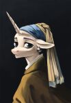 2018 black_background blue_eyes bust_portrait clothed clothed_feral clothing ear_piercing equid equine female feral friendship_is_magic girl_with_a_pearl_earring hasbro headgear headwear hi_res horn inspired_by_formal_art looking_at_viewer mammal my_little_pony piercing portrait simple_background solo unicorn weird-fish white_body 