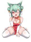  absurd_res animal_humanoid asian_clothing blush bodily_fluids breasts chinese_clothing chinese_dress cleavage clothed clothing collar cum cum_on_face dress east_asian_clothing female genital_fluids green_hair hair hi_res humanoid kim_wang_jyang legwear solo thigh_highs young 