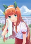  1girl absurdres alternate_costume animal_ears bangs bent_over blue_eyes blurry blurry_background cloud commentary_request hair_ornament headband highres horse_ears horse_girl looking_at_viewer open_mouth sakurakkuma shorts silence_suzuka_(umamusume) sky solo towel umamusume 