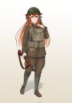  1girl brown_footwear brown_hair brown_jacket brown_pants girls&#039;_frontline green_eyes green_headwear helmet highres holding holding_weapon jacket long_hair long_sleeves m1903_springfield military military_helmet military_uniform pants ryuukihei_rentai shadow smile solo springfield_(girls&#039;_frontline) uniform united_states_army weapon white_background world_war_i 