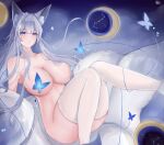  1girl animal_ears azur_lane bare_shoulders blue_eyes breasts bug butterfly cleavage completely_nude covered_nipples floating_hair fox_ears highres large_breasts long_hair looking_at_viewer multiple_tails nude pantyhose shinano_(azur_lane) simple_background tail thighhighs thighs very_long_hair white_hair white_pantyhose white_thighhighs winter_eclipse 