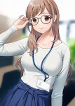  1girl blue_skirt blurry blurry_background brown_hair computer desk doushimasho glass high-waist_skirt highres holding holding_eyewear id_card indoors lanyard long_hair long_sleeves mole mole_under_eye monitor office office_lady original pencil_skirt shirt skirt smile solo white_shirt yellow_eyes 