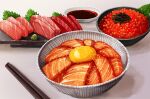  bowl chopsticks donburi egg_yolk food food_focus highres ikura_(food) kaneko_ryou leaf nori_(seaweed) original plate salmon sashimi simple_background soy_sauce still_life tuna wasabi 