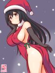  1girl alternate_costume ass breasts chikuma_(kancolle) covered_nipples cowboy_shot dress elbow_gloves gloves grey_background hand_on_own_face kanon_(kurogane_knights) kantai_collection large_breasts looking_at_viewer no_panties one-hour_drawing_challenge red_dress santa_costume smile snowing solo 