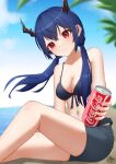  1girl arknights bangs bare_legs bare_shoulders beach black_shorts blue_hair blue_sky blurry blurry_background breasts can ch&#039;en_(arknights) cleavage cloud coca-cola commentary day dragon_horns holding holding_can horns long_hair looking_at_viewer medium_breasts navel red_eyes short_shorts shorts sky smile soda_can solo stomach thighs xsan_vanny 
