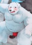  2022 anthro asian_clothing belly big_belly black_nose blush bodily_fluids bulge canid canine canis clothing domestic_dog duo east_asian_clothing fundoshi humanoid_hands japanese_clothing kemono male mammal moobs natsuhakoura navel nipples overweight overweight_male red_clothing red_fundoshi red_underwear solo_focus sweat underwear white_body 