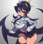  1girl black_hair black_skirt blush breasts filia_(skullgirls) futakuchi-onna highres large_breasts long_hair navel necktie panties red_eyes samson_(skullgirls) school_uniform skirt skullgirls thick_thighs thighs tongue tongue_out twitter_username underwear waa153 white_background white_panties 