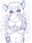  2022 anthro blush breasts digital_media_(artwork) featureless_breasts featureless_crotch felid female female_anthro fluffy fur hi_res kemono kuzuyu mammal multicolored_body multicolored_fur nude pantherine portrait snow_leopard solo tail_in_mouth three-quarter_portrait 