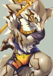  2019 4_fingers anthro brown_body brown_fur canid canine canis claws clothed clothing ear_piercing fingers fur gold_weapon green_eyes hi_res jackal jewelry kuroisumi lifewonders male mammal melee_weapon paws piercing seth_(tas) solo striped_body striped_fur stripes tokyo_afterschool_summoners video_games weapon white_body white_fur 