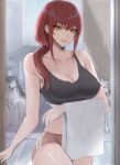  1girl bangs bare_arms bare_shoulders black_sports_bra breasts chainsaw_man cleavage collarbone commentary dog english_commentary highres large_breasts looking_at_viewer makima_(chainsaw_man) parted_lips red_hair sidelocks smile sports_bra tommy_(kingdukeee) towel yellow_eyes 