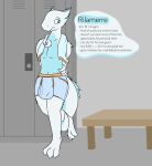  2018 absurd_res against_surface anthro balls_outline blue_body bulge clothed clothing colored crossed_legs detailed_background detailed_bulge digital_drawing_(artwork) digital_media_(artwork) digitigrade dragon english_text fluffy frill_(anatomy) genital_outline hands_behind_back hi_res inside keinga line_art locker_bench locker_room looking_away male model_sheet multicolored_body penis_outline rilamerre_dzumtao scalie solo text towel two_tone_body underwear white_body 