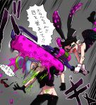  2girls alternate_universe black_dress black_gloves blood blood_from_mouth callie_(splatoon) cousins crop_top crying dress emphasis_lines gloves green_blood highres in_the_face lowleg lowleg_pants marie_(splatoon) midriff moggel multiple_girls navel paint_roller pants pubic_tattoo role_reversal short_sleeves splat_roller_(splatoon) splatoon_(series) splatoon_2 stomach_tattoo strapless strapless_dress sunglasses tattoo tears white_gloves 