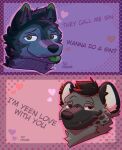  &lt;3 &lt;3_eyes 2021 anthro black_hair black_nose blue_body blue_fur canid canine canis cheek_tuft colored dialogue digital_drawing_(artwork) digital_media_(artwork) ear_piercing facial_tuft flirting fur green_ear_tips green_eyes green_tongue grey_body grey_fur hair happy head_tuft headshot_portrait hi_res hyaenid looking_at_viewer love male mammal markings multicolored_ears piercing pink_background polka_dots portrait purple_background red_eyes red_hair_tips ring_piercing romantic round_ears shaded simple_background sinser sinser_(character) sketch smile smirk snaggle_tooth solo spots spotted_body spotted_fur spotted_hyena teeth text tongue tongue_out tuft valentines_day_card wolf 