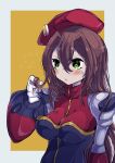  1girl android beret breasts brown_hair green_eyes hat highres iris_(mega_man) koshianpancake long_hair mega_man_(series) mega_man_x4 mega_man_x_(series) solo 