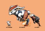  :&lt; :3 absurdres animal_focus blacknirrow buck_teeth character_name cinderace claws closed_mouth commentary english_commentary english_text evolutionary_line fire full_body highres leg_up no_humans orange_background pokedex_number pokemon pokemon_(creature) rabbit raboot realistic red_eyes red_hair running scorbunny short_hair simple_background sketch standing standing_on_one_leg teeth 