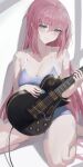  1girl absurdres bafangyu bandaid bandaid_on_arm bandaid_on_breast bandaid_on_thigh bangs blue_eyes blue_one-piece_swimsuit blush bocchi_the_rock! breasts cleavage collarbone electric_guitar gotou_hitori guitar hair_between_eyes highres holding holding_instrument holding_plectrum instrument large_breasts long_hair looking_at_viewer pink_hair plectrum school_swimsuit seiza sitting solo swimsuit 