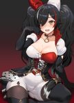  1girl absurdres black_choker black_gloves black_hair black_thighhighs blush bow breasts brown_eyes card choker cleavage elbow_gloves gloves hair_bow hair_over_one_eye highres hololive jun_tsugumi large_breasts long_hair looking_at_viewer ookami_mio open_mouth pantyhose playing_card puffy_short_sleeves puffy_sleeves red_hair short_sleeves simple_background sitting solo tail tail_around_leg thighhighs twintails very_long_hair virtual_youtuber white_hair wolf_girl wolf_tail 