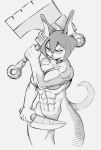  2022 abs anthro axe canid canine canis convenient_censorship dagger dobermann dog_knight_rpg domestic_dog dual_wielding female hi_res holding_axe holding_object holding_weapon mammal melee_weapon monochrome muscular muscular_anthro muscular_arms muscular_female noirchaton4 pinscher rory_(ceehaz) solo weapon 