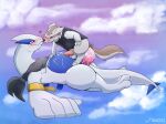  &lt;3 abdominal_bulge anthro armwear bagu balls bandanna blush bodily_fluids bottomless cappy_(cappyowo) claws clothed clothing cloud cowgirl_position cum cum_inside cumming_together dez_(rcar) duo ejaculation eyewear flying flying_sex from_front_position generation_2_pokemon generation_3_pokemon genital_fluids genitals glasses hi_res kerchief kissing knot legendary_pokemon linoone long_tail lugia male male/male midair nintendo on_bottom on_top penis pink_penis pokemon pokemon_(species) scar scarf sex shirt size_difference sky slit suspension tapering_penis topwear vest video_games wings 