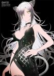  animal_ears arknights arm_strap bangs bare_shoulders black_background black_choker black_dress black_theme breasts choker cleavage closed_mouth collarbone covered_navel dress grey_hair hair_over_one_eye hand_on_hip highleg highleg_dress highres hip_vent large_breasts long_hair looking_at_viewer makkuro messy_hair panther_ears panther_tail schwarz_(arknights) sideboob sidelocks standing tail thigh_strap very_long_hair yellow_eyes 