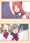  6+girls :d ^_^ aizawa_kazuha assault_lily bangs bare_shoulders black_choker black_shirt blue_hair blue_sailor_collar blurry blurry_background blurry_foreground blush bow bowtie brown_hair choker closed_eyes commentary depth_of_field facing_another facing_away funada_kiito grey_hair hairpods hand_up herensuge_girls_academy_school_uniform holding_hands iijima_renka jacket long_hair long_sleeves low_ponytail lower_teeth multicolored_hair multiple_girls nigari_(ngari_0115) no_eyes o-ring o-ring_choker odaiba_girls_high_school_uniform open_mouth out_of_frame parted_bangs pink_bow pink_bowtie purple_hair red_hair sailor_collar sasaki_ran school_uniform serafuku shiba_tomoshibi shirt short_hair side_ponytail simple_background sleeveless sleeveless_shirt sleeves_past_wrists smile streaked_hair swept_bangs teeth upper_body white_background white_jacket white_shirt yellow_background 