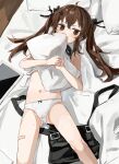  1girl aged_down bandaid bandaid_on_leg bangs bare_arms bare_legs bare_shoulders bed black_bow blush bow bow_panties brown_eyes brown_hair clothes_lift collared_shirt cowlick girls&#039;_frontline hair_bow hair_ornament hairclip highres indoors long_hair looking_at_viewer lying navel object_hug official_alternate_costume on_back on_bed own_hands_together panties pillow pillow_hug shirt shirt_lift shorts shorts_removed sidelocks sketch sleeveless sleeveless_shirt solo suspender_shorts suspenders sweat tablet_pc twintails ump9_(girls&#039;_frontline) ump9_(shiba_investigator)_(girls&#039;_frontline) underwear upper_body white_panties yuki_hotaru 