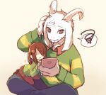  &lt;3 2_horns anthro apple_inc. asriel_dreemurr bottomwear bovid brown_eyes brown_hair caprine clothed clothing covered_eyes crossed_legs curved_horn deltarune duo female fur goat hair hair_over_eyes head_scratch high-angle_view holding_object holding_phone horn human kneeling kris_(deltarune) larger_anthro long_ears male male_anthro mammal monster pants phone scratching_head shirt simple_background sitting size_difference smaller_human sweater topwear undertale undertale_(series) video_games white_body white_fur y_r_k_4 