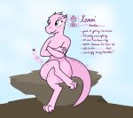  2018 absurd_res anthro breasts colored crossed_arms crossed_legs detailed_background digital_drawing_(artwork) digital_media_(artwork) digitigrade english_text female frill_(anatomy) hi_res keinga kobold kommi_hornblow model_sheet pink_body rock scalie signature sitting small_breasts solo symbol text 