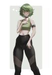  1girl absurdres aelion_draws bangs black_choker black_pants breasts choker closed_mouth green_hair grey_background heart highres lips looking_at_viewer midriff navel one-punch_man pants parted_bangs short_hair small_breasts solo standing tatsumaki thighs two-tone_background white_background 