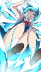 1girl absurdres blue_dress blue_eyes blue_hair bottomless bow bowtie bright_pupils cirno collared_shirt convenient_leg cryokinesis dress ergokinesis from_below full_body hair_bow highres ice ice_wings looking_at_viewer nagomian pinafore_dress red_bow red_bowtie shirt short_hair short_sleeves simple_background socks solo teeth touhou white_background white_pupils white_shirt white_socks wings 