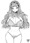  1girl artist_name bangs bra clothes_lift commission english_commentary fire_emblem fire_emblem:_three_houses flower greyscale hair_behind_ear hairband hands_on_own_chest head_tilt highres long_hair marianne_von_edmund midriff monochrome navel norman_maggot panties smile solo sweater sweater_lift underwear white_background 
