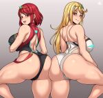  2girls absurdres ahoge ass ass-to-ass ass_press asymmetrical_docking bare_shoulders blonde_hair blush breast_press breasts cameltoe come_hither from_behind highres huge_ass jmg large_breasts long_hair looking_at_viewer looking_back multiple_girls mythra_(radiant_beach)_(xenoblade) mythra_(xenoblade) naughty_face one-piece_swimsuit pyra_(pro_swimmer)_(xenoblade) pyra_(xenoblade) red_eyes red_hair shiny shiny_clothes shiny_hair shiny_skin short_hair sideboob smile swimsuit thick_thighs thighs very_long_hair xenoblade_chronicles_(series) xenoblade_chronicles_2 yellow_eyes 