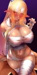  1girl arm_support bandages bangs belly blonde_hair blue_bow blush bow breasts collarbone covered_nipples dark-skinned_female dark_skin ear_blush elf hair_bow halloween high_ponytail highres hololive large_breasts long_hair looking_at_viewer meshiiro_(rome_sy) multicolored_hair mummy mummy_costume naked_bandage navel nose_blush open_mouth pointy_ears ponytail red_eyes shiranui_flare solo streaked_hair very_long_hair virtual_youtuber white_hair 