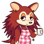  1:1 2022 animal_crossing anthro apron apron_only beverage brown_body clothing coffee eulipotyphlan female hedgehog holding_beverage holding_object lesmallow lidded_eyes looking_at_viewer mammal mostly_nude nintendo sable_able signature simple_background slightly_chubby solo tired video_games white_background 