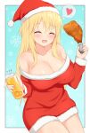  1girl bangs bare_shoulders blonde_hair breasts can christmas cleavage closed_eyes commentary_request dress english_commentary eniraka facing_viewer food fur-trimmed_dress fur_trim hat highres holding holding_can holding_food large_breasts long_hair long_sleeves mixed-language_commentary off-shoulder_dress off_shoulder open_mouth original outside_border red_dress red_headwear santa_dress santa_hat short_dress sitting smile soda_can solo turkey_(food) 