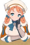  1girl annette_fantine_dominic bandana black_gloves blue_eyes braid breasts cleavage cloak fire_emblem fire_emblem:_three_houses fire_emblem_warriors:_three_hopes gloves highres kocha_(jgug7553) medium_breasts orange_hair red_cloak solo twin_braids 