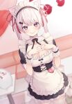  1girl animal_ear_fluff animal_ears apron bangs black_corset black_ribbon blush breasts cat_ears cleavage corset hair_ornament hair_ribbon hairclip heart heart_hands highres ko_me_9 large_breasts long_hair looking_at_viewer maid maid_apron maid_headdress nijisanji pink_hair red_eyes red_ribbon ribbon shiina_yuika smile solo thighhighs twintails very_long_hair virtual_youtuber white_hair white_thighhighs 