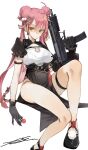  1girl aaoshigatoutoi absurdres ahoge bangs belt black_footwear black_gloves breasts candy chinese_clothes commentary double_bun food foot_out_of_frame girls&#039;_frontline gloves gun h&amp;k_mp7 hair_bun highres holding holding_candy holding_food holding_gun holding_lollipop holding_weapon large_breasts legs lollipop long_hair mp7_(fall_of_the_stars)_(girls&#039;_frontline) mp7_(girls&#039;_frontline) official_alternate_costume pink_hair short_sleeves simple_background sitting solo submachine_gun weapon white_background yellow_eyes 