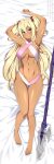  1girl armpits arms_up barefoot bikini blonde_hair blue_eyes blush braid breasts closed_mouth commentary commission dakimakura_(medium) dark-skinned_female dark_skin edelgard_(isekai_maou) english_commentary full_body hair_ornament hair_scrunchie highres isekai_maou_to_shoukan_shoujo_no_dorei_majutsu knees_together_feet_apart lindaroze long_hair looking_at_viewer lying medium_breasts navel on_back pink_bikini pointy_ears polearm red_scrunchie scrunchie single_braid solo spear swimsuit thigh_gap thighs twitter_username two-tone_bikini two_side_up watermark weapon web_address white_bikini 