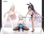  3girls absurdres akane_(blue_archive) akane_(bunny)_(blue_archive) animal_ears asuna_(blue_archive) asuna_(bunny)_(blue_archive) bangs black_footwear black_hair black_leotard black_pantyhose blonde_hair blue_archive blue_bow blue_bowtie blue_leotard blue_ribbon blush bow bowtie breasts breasts_out censored chinese_commentary cleavage cleft_of_venus clothing_cutout collarbone copyright_name dark-skinned_female dark_skin detached_collar fake_animal_ears fishnet_pantyhose fishnets forehead full_body glasses gloves grin hair_between_eyes hair_over_one_eye hair_ribbon hands_up heart_cutout high_heels high_ponytail highleg highleg_leotard highres huge_breasts kanon_(sinto) karin_(blue_archive) karin_(bunny)_(blue_archive) leaning_forward legs_apart legs_together leotard long_hair looking_at_viewer m_legs multicolored_hair multiple_girls nipples official_alternate_costume pantyhose parted_bangs playboy_bunny purple_hair pussy reflective_floor ribbon sagging_breasts shadow side-tie_leotard simple_background slit_pupils smile squatting standing strapless strapless_leotard streaked_hair thighband_pantyhose thighs very_long_hair white_background white_footwear white_gloves white_leotard white_pantyhose wrist_cuffs yellow_eyes 