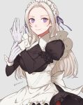  1girl absurdres adjusting_clothes adjusting_gloves alternate_costume apron black_dress commentary dress edelgard_von_hresvelg enmaided fire_emblem fire_emblem:_three_houses forehead frilled_dress frills gloves grey_background hair_ribbon highres juliet_sleeves long_hair long_sleeves looking_at_viewer maid maid_headdress peach11_01 puffy_sleeves purple_eyes purple_ribbon ribbon simple_background smile solo twitter_username waist_apron white_apron white_hair 